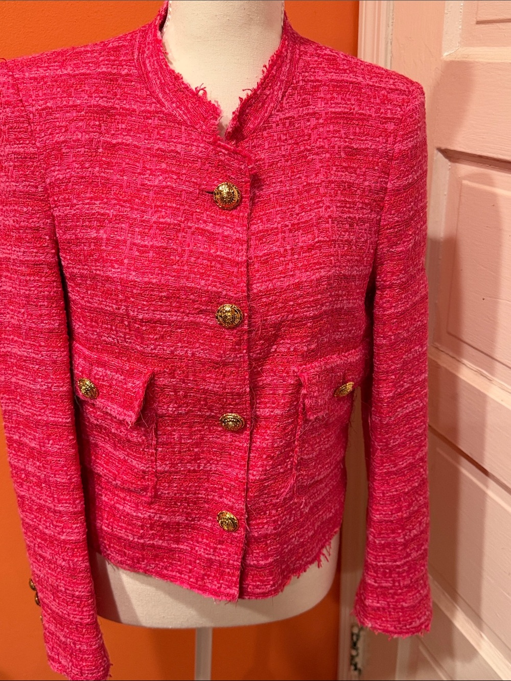 Zara Bright Pink Tweed Cropped Jacket with Gold Buttons